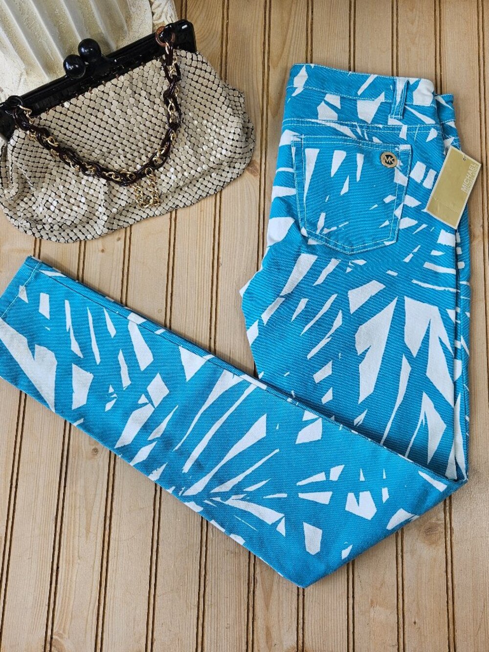 NWT Michael Kors Size 2 Aqua Blue Tropical Leaf Print Skinny Jeans Pants Stretch